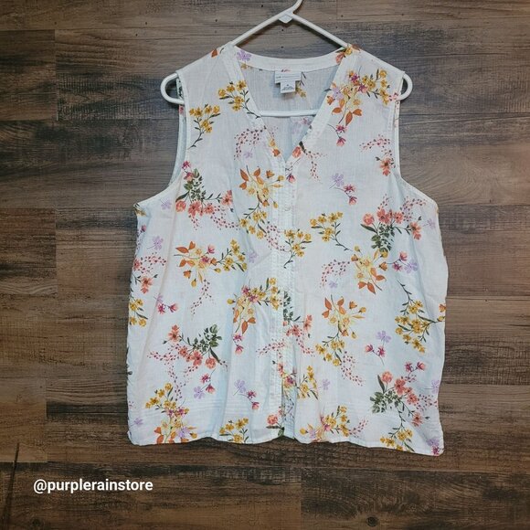 Liz Claiborne Linen Cotton Floral Tank Top Size XL Button Front V Neck Country - Picture 1 of 9